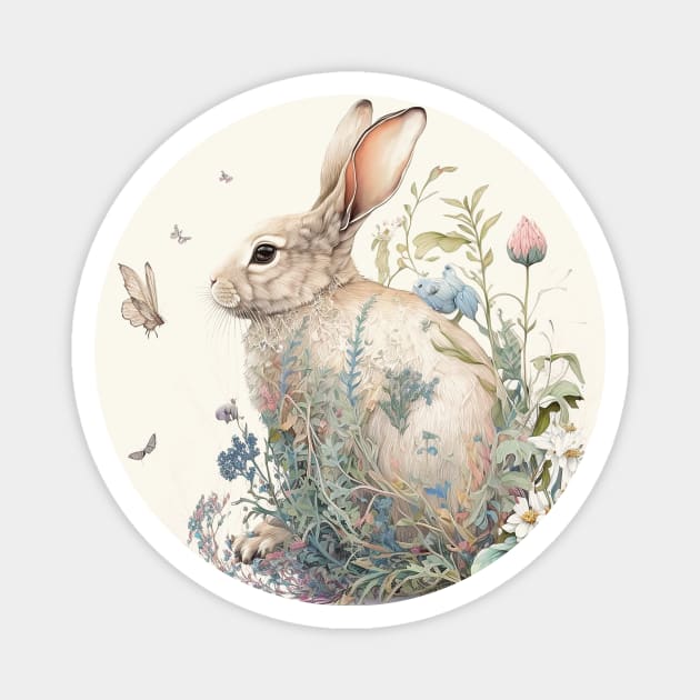 Watercolor Rabbit in Nature, Floral Design Sticker Magnet by DesignedbyWizards